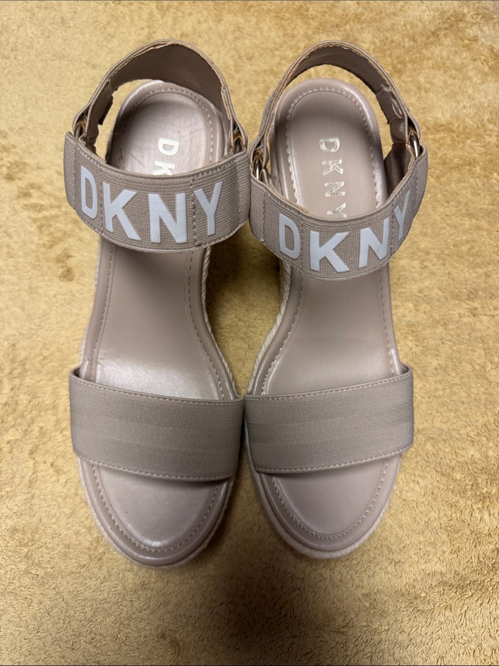 DKNY Neutral Taupe Logo Elastic Strap Sandals